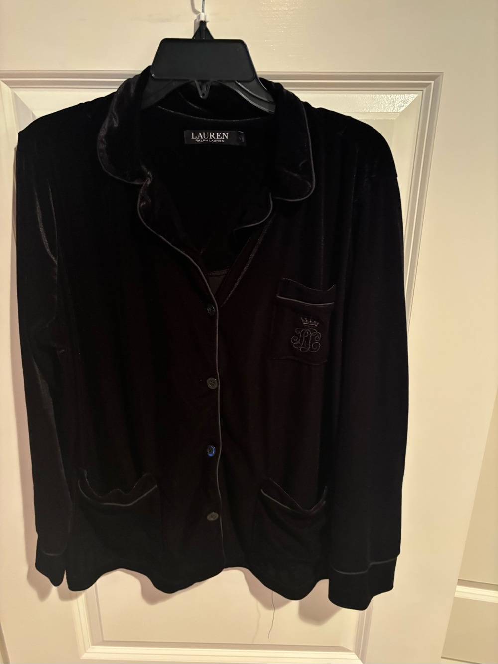 Lauren Ralph Lauren Womens L Black Velvet Velour Pajama Top LRL Monogram
